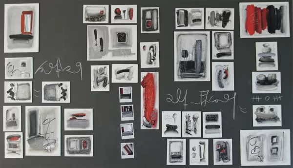 Indizi, 2010, acrilico su telette/calamita su lavagna magnetica, 120x210