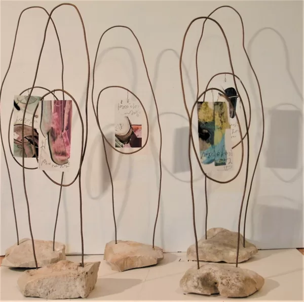 Menhir, 2016 - olio su fogli poliestere, ferro, pietra - varie dimensioni